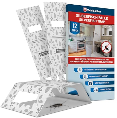 Veddelholzer XXL teilbare Silberfischfalle mit Köder Lockstoff 12 Stück Effektive Klebefallen Silberfische & Papierfische bekämpfen Giftfrei, Geruchlos, Umweltfreundlich, Einfache Anwendung