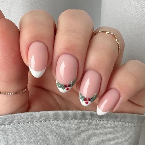 Ceboic 30 Stück Weihnachten Künstliche Nägel Mittel Mandel, Nackt Rosa Falsche Nägel, Acryl French Tip Press on Nail mit Stechpalme, Wiederverwendbar Volle Deckung Fingernägel zum Aufkleben für Frauen