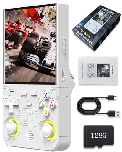La nuova console di gioco portatile R36 Ultra è dotata di uno schermo IPS da 4 pollici, scheda integrata da 64 GB e 20.000 giochi, supporto per sistemi Linux, Wi-Fi e Bluetooth. (Bianco,128G)