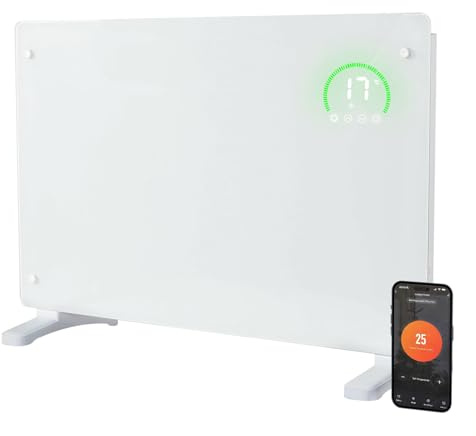 Spector Ultra-Thin 6.5cm Smart Electric Glass Panel Heater 2000W, WiFi Alexa Home App Control, Wall Mounted or Free Standing Electric Radiator with 24H Timer & Anti-Frost, White