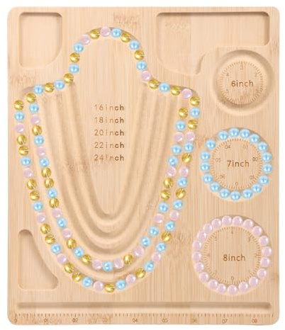 Bpyhebe Bead Boards for Jewelry Making, 28×24cm Natural Bamboo Beads Design Tray with Size Measurement, Multi-partition Portable Sturdy Necklace and Bracelet Making Kit for DIY Craft(B)