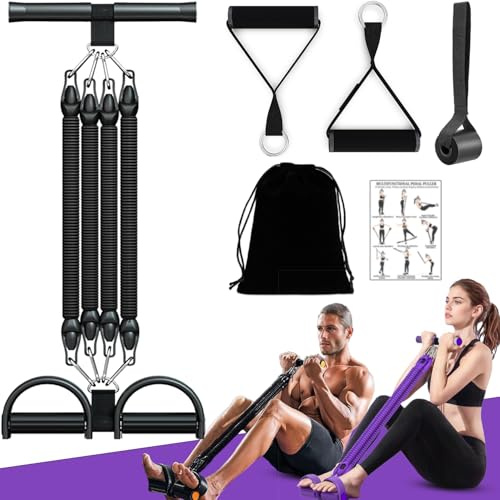 2026 Widerstandsband mit Griff Set, 45kg Einstellbar Sit-Up Trainingsgerät, 4-Rohr Pedalwiderstandsgerät Resistance Bands mit Trainingsanleitung - Bauchtrainer Fitnessgeräte für Zuhause - Schwarz