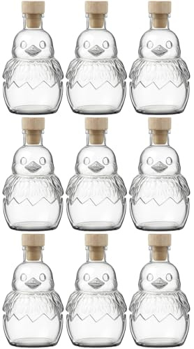 Flaschenland 9 Glasflaschen in Kükenform 200 ml mit Holzgriffkorken, originelle Likörflasche aus Klarglas, Ideal für Eierlikör, Ostern und andere Feste, spülmaschinenfest, kälte- & hitzebeständig