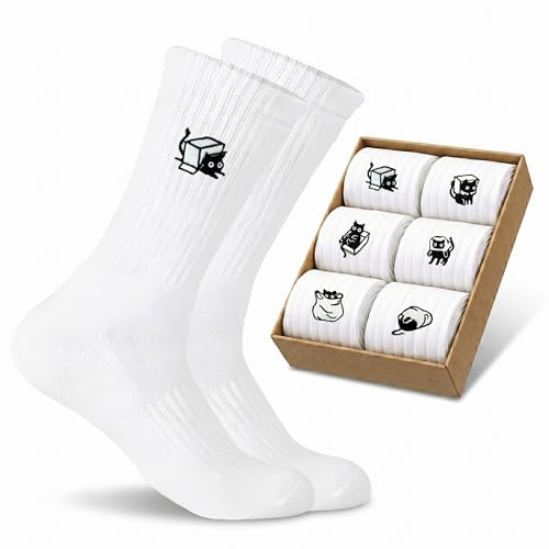 Mmyzao 6 Paar Socken mit Stickmuster, weiße Sportsocken für Damen/Herren, atmungsaktive Baumwollsocken mit Motiv (Tiere/Essen/Kunst)