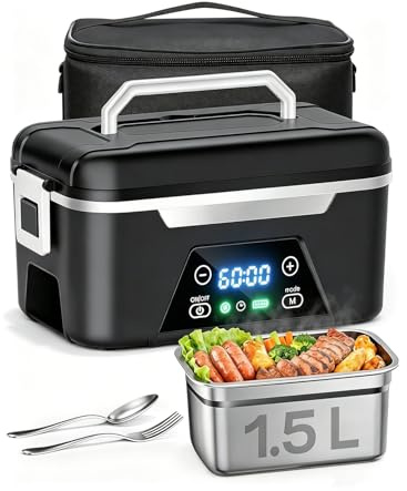 LANMOU Elektrische Lunchbox mit Akku, 1,5 L, Edelstahl 304, bis 90 °C | 6 Temperaturstufen, Timer, Auslaufsicher Lunch Box für Büro, Baustelle, Auto und Camping