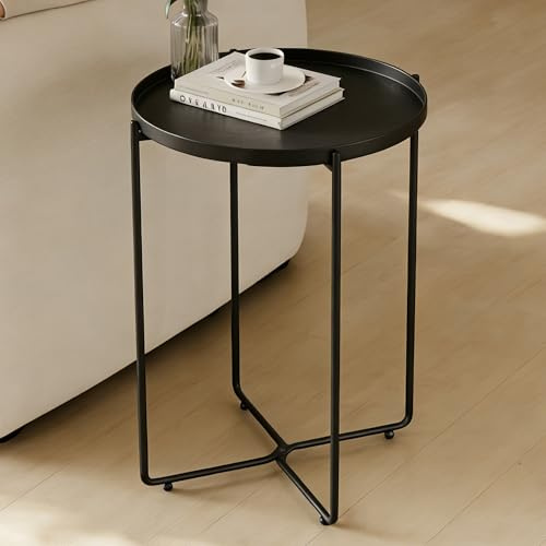 Mai & Mai Beistelltisch rund Ø37×H51 cm, Couchtisch klein Schwarz | Balkontisch mit abnehmbarem Tablett aus PP-Kunststoff, Sofatisch für Wohnzimmer, Schlafzimmer und Balkon, Reglo-08