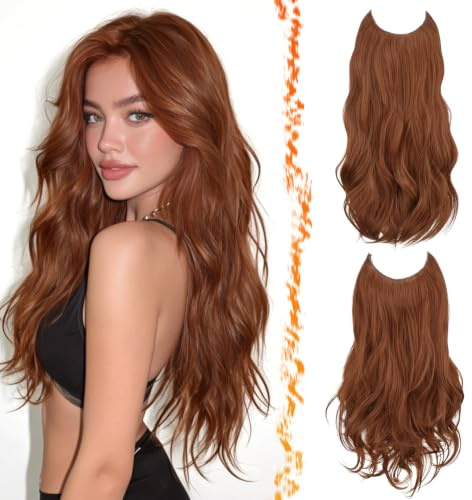 BARSDAR 2PCs Invisible Wire Synthetik Mittel Auburn Wellige Hair Extensions | Weich Wellig & Layered Wave, Natürliches Look, Abnehmbar Wire, Lace Weft mit 4 Clips,Silky Dick Soft Leicht, Tangle-free