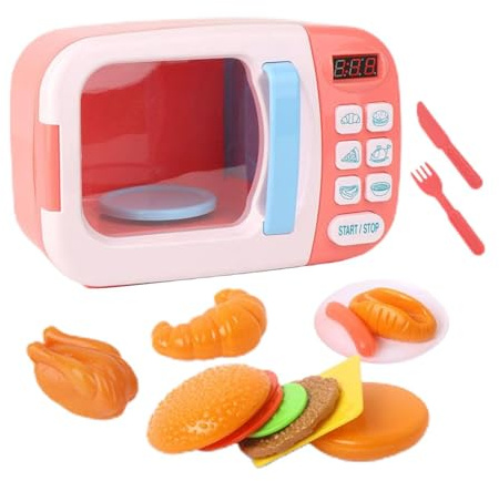 KIXZSAZ Cuisine pour Enfants avec appareils de Cuisine ludiques, pour Micro-Ondes Amusant et Accessoires Alimentaires réalistes. Faux Aliments pour bébés. , Rose , 13 pièces