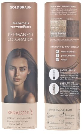 KERALOCK Permanent Coloration, ammoniakfrei, vegan, 150ml (Goldbraun) | Mehrmals verwendbar, dauerhafte Haarfarbe, pH-hautneutral, sichere Grauabdeckung