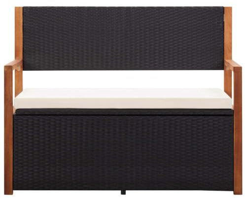 Poly Rattan Truhenbank 115 cm Schwarz Akazie Stauraum | Wetterbeständig aus PE-Rattan & Akazien-Massivholz, 110 kg Tragkraft, abnehmbares 3 cm Kissen