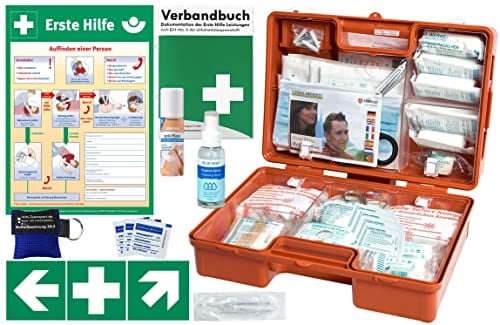 Erste-Hilfe-Koffer M5 PLUS für Betriebe nach aktueller DIN/EN 13157 & DIN/EN 13164 für KFZ - Komplett-Paket inkl. Notfallbeatmungshilfe + Hygiene-Gel + Verbandbuch + Aushang + Sprühpflaster