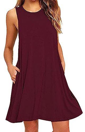 OMZIN Damen Round Neck Above Knee Baumwolle Tunika Kleid Tshirt, M, Tasche-wein Rot