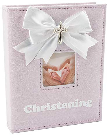 Happy Homewares White Faux-Silk Double Bow and Silver Plated Cross Christening Photo Album in Pink - Holds 60 6x4 Pictures - Gorgeous Christening Gift Idea for Baby Girl