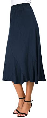 EXCHIC Femmes Elegante Cuir Suédé Elastique Taille Haute Midi Jupe Loisirs A Ligne Bascule Pendule Jupes(S, Bleu Indigo)