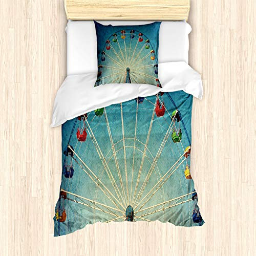 ABAKUHAUS Jahrgang Bettbezug Set für Einzelbetten, Riesenrad Spaß-Retro, Milbensicher Allergiker geeignet mit Kissenbezug, Blau