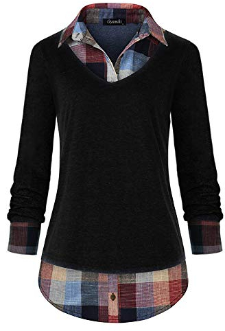 Oyamiki Damen Casual Kragen Geschwungener Saum 2 in 1 Pullover Tops Plaid Kontrast Hemd Bluse, Schwarz3, XX-Large