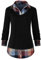 Oyamiki Damen Casual Kragen Geschwungener Saum 2 in 1 Pullover Tops Plaid Kontrast Hemd Bluse, Schwarz3, XX-Large