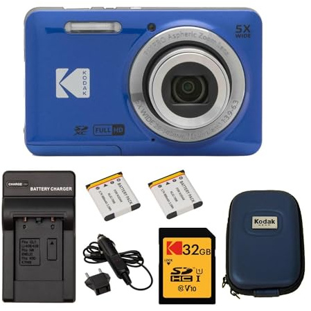 Kodak PIXPRO Friendly Zoom FZ55 Digital Camera (Blue) Bundle with Camera Case, 32GB Memory Card, and Battery (2-Pack) with Charger (4 Items)