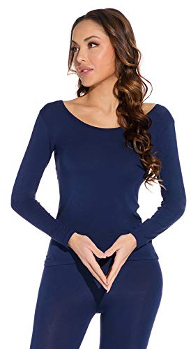 Mcilia Damen Ultradünnes Thermo-Basisschicht Oberhemd aus Modal mit tiefem Rundhalsausschnitt klassisches blau Small (EU 34 36 38)
