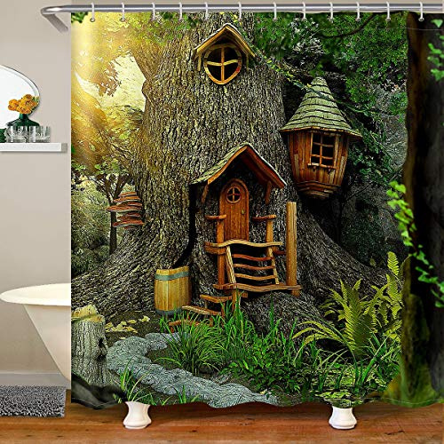 Woodland Waterproof Tree House Shower Curtain - Kids Fantasy Cartoon Bathroom Decor - Fairy Tale Art With Hooks, 180x210cm