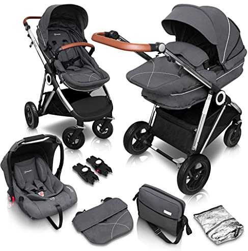 babyGO Halime Air Kinderwagen 3 in 1 - Luftreifen Edition perfekt für jedes Gelände - Voll-Gummireifen - Wickeltasche/Regenschutz/Wintersack (Grau-Silber Gestell)
