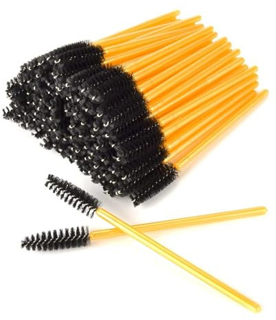 AIBAOBAO 100 PCS Black Eyelash Brushes Spoolies, Eyebrow Spoolie Brushes, Eyelash Extension Brushes for Extensions, Eye Brow Spoolie Castor Oil Brush Mascara Wands Cosmetic spoolies Makeup Tools, Gold