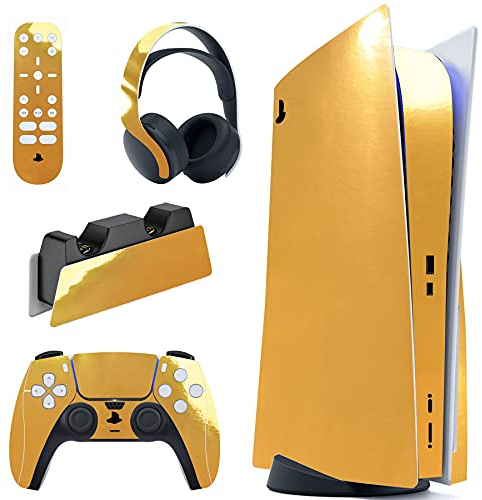 PlayVital Autocollant Skin pour ps5 Manette,Sticker pour ps5 Console Disc Edition & Station de Charge & Casque & Télécommande-Or chromé