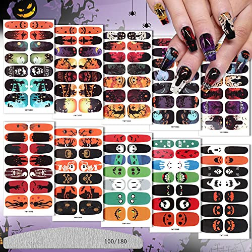 EBANKU 10 Sheets Halloween Full Wraps Nail Polish Stickers with 1 Nail File, Nail Art Stickers Self-Adhesive Nail Art Decals for Women Girls DIY Nail Art Decoration or Nail Salon