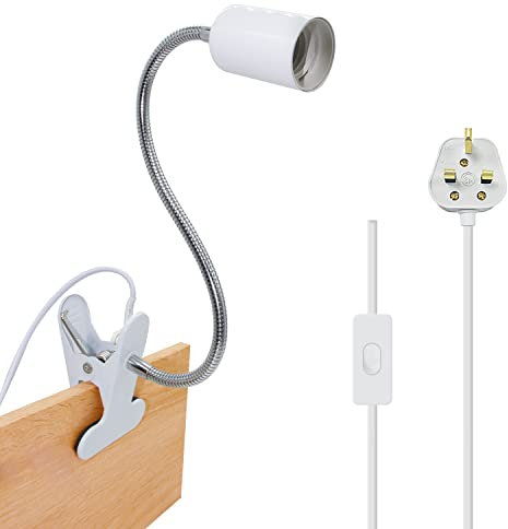 Clip on Bulb Holder Flexible E27 Lamp Holder Metal Clip on Light, White Clamp Light with 360° Rotatable Gooseneck and 220 cm Plug in Cord, Clip Desk Lamp for Bedroom Office, 60 W(Bulb not Included)