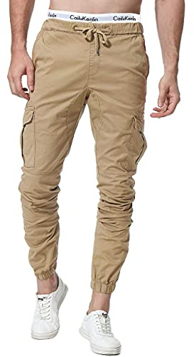 ZOEREA Herrbyxor, joggingbyxor, smal passform, ledig, chino, cargo, joggingbyxor, stretch, sportbyxor med fickor, streetwear, fritidsbyxor, Brun (förbättrad version), L