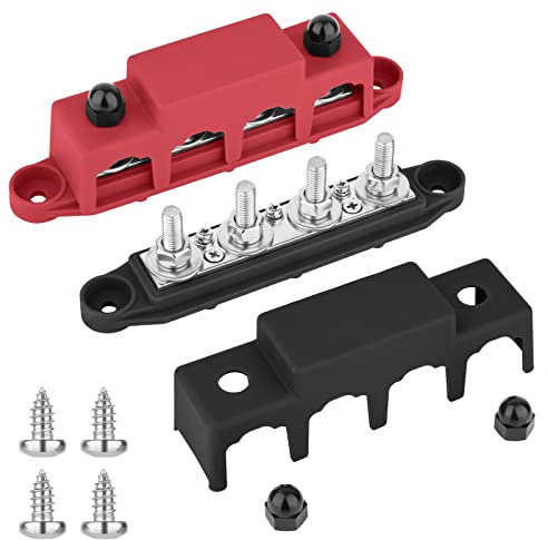 12 V - 48 V Bus Bar Power Distribution Block with 4 x M8 Terminal Studs, High Performance Module BUSBAR with Cover for Cars RVs Ships Yachts (Red & Black)