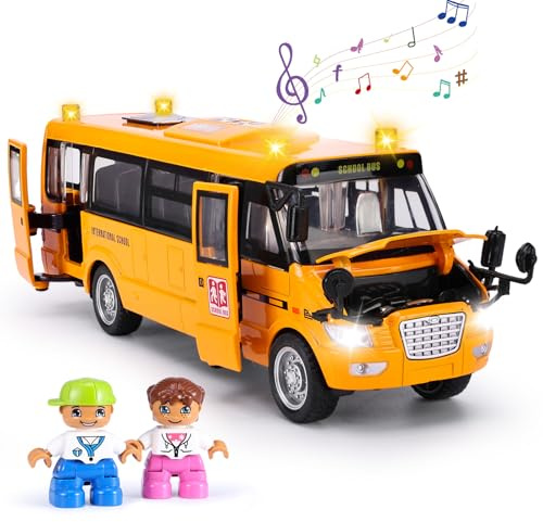Crelloci School Bus Toy, Die Cast Model Car with Flashing Lights & Sounds, Friction Powered, Back & Side Doors Open, Large Yellow Metal Toy Vehicles, Play Bus Easter Gift for Kids Toddlers Ages 3+