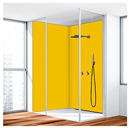 Duschrückwand, Badrückwand, Duschverkleidung, Wandverkleidung aus 3 mm Alu-Verbundplatte, Aluverbund Gelb 1023 110x240cm