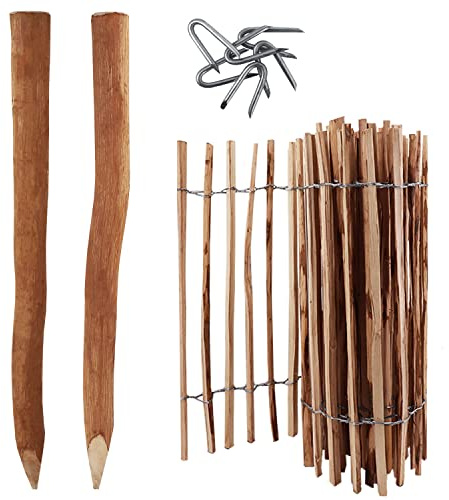 5 m, komplett set med staket 4–6 cm avstånd med 5 trästolpar och kramper, trädgårdsstaket, kastanjestaket av hasselnöt, hållbart trästaket (5 m staket 50 cm högt + 5 stolpar, 1,05 m lång + 20 kramper)
