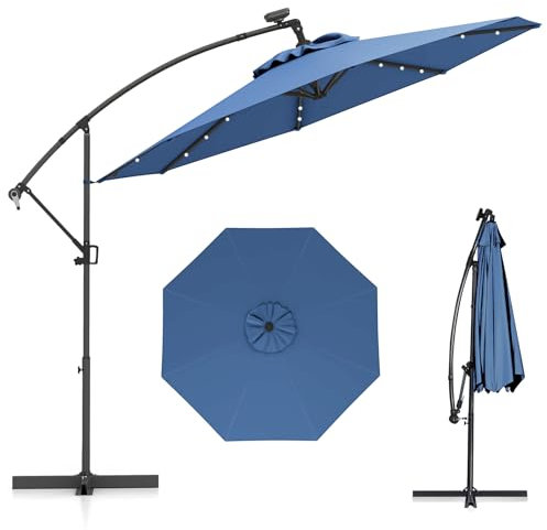 COSTWAY Parasol Déporté Professionnel 3M, Grand Parasol de Jardin Extérieur 32 LED Solaire avec Manivelle, Inclinable et Rotation à 360°, Base Croisée, pour Patio, Terrasse, Balcon (Bleu Clair)