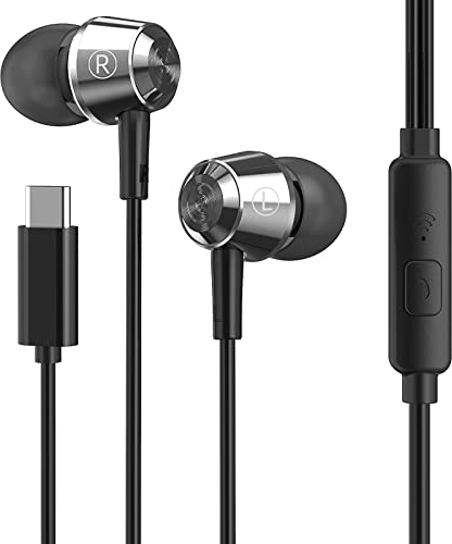 HAPPYAUDIO W1 USB C Auricolari cablati Auricolari, Tipo C In Ear Cuffie con microfono e audio nitido per chiamate sportive di gioco, design con scocca in metallo, compatibili con Galaxy Note, Google