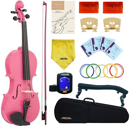 Crafteem 4/4 Full Size Fiddle Pink Colored Premium Violin Outfit for Beginners Adults Kids With 5 Color Fingering Tape- Handcrafted Student Beginner Violin.(Pink, 4/4 Full)