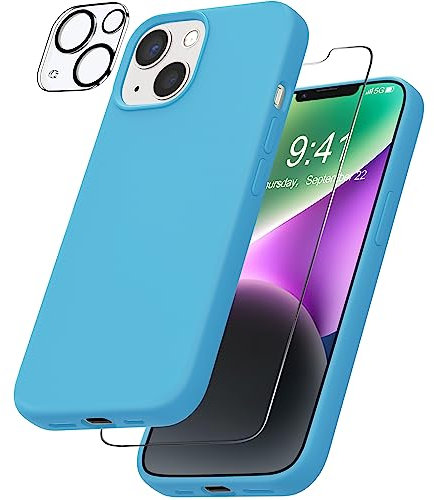 YATWIN Case Compatible for iPhone 14 with 1 Pack Screen Protector + 1 Pack Camera Lens Protector, Liquid Silicone Slim Soft Rubber Shockproof Phone Case Compatible for iPhone 14 (6.1Inch) - Sky Blue