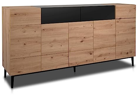 KHG Sideboard mit 2 Schubladen 12 Fächern & 5 Drehtüren modern, aus Holzwerkstoff Holzoptik lackiert, Gestell & Akzente in schwarz - 180 x 90 x 42 cm (B/H/T)