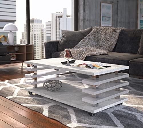 DC-3 Couchtisch Beton/Weiß Hochglanz 120x60cm mit Ablage modern stabil vielseitig Wohnzimmertisch Beistelltisch Sofatisch Zeitloses Design platzsparend robust Wohnzimmer mit Rollen