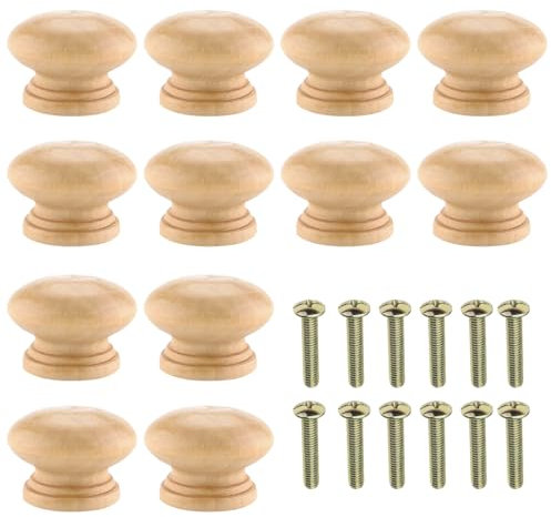 12 Wooden Round Cabinet Knobs,Cabinet Door Drawer Knobs Natural Wooden Pull Handle with Screws Wood Mushroom Door Knobs for Home Kitchen Office Door Drawer Cupboard Wardrobe Furnitur