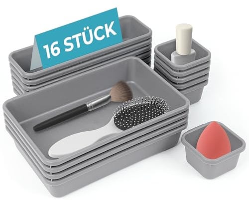 Winter Shore Organizer Cassetti in Plastica Grigio Chiaro (16 Pezzi) - Set di Divisori per Cassetti Scrivania Piccoli, Medi e Grandi - Organizzatore Trucchi, Gioielli, Utensili, Gadget, Ufficio