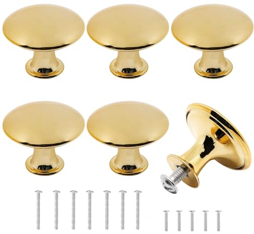 Misuyue Gold Drawer & Cabinet Knobs - 6pcs, Stainless Steel, Round, 30mm; Perfect for Cupboards & Furniture