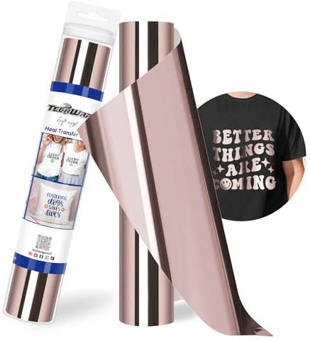 TECKWRAP PU Metallic Heat Transfer Vinyl Roll 12 x 5ft Chrome HTV for DIY Clothing,T-Shirts,Fabric Foil Iron on Vinyl Compatible with Heat Press Craft Cutters,Rose Gold