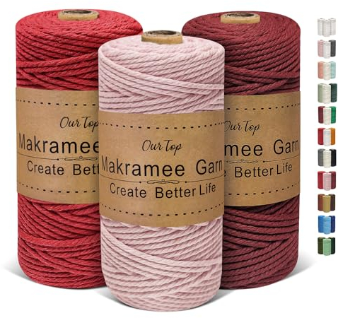 OurTop Premium Makramee Garn 3er Set, 3mm x 100m Macrame Cord Makramee Schnur Makramee Kordel, Garn für DIY Handwerk, Weben Dekoration, Hängepflanze Pflanze Aufhänger(Blush, Rot, Burgunder)