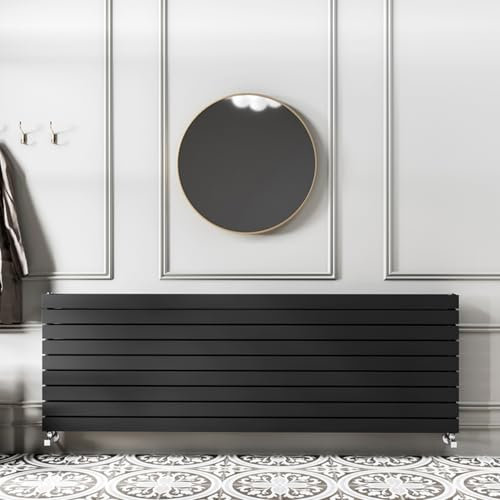 Go Bathrooms Pinta 610 x 1800mm Horizontal Radiator Black Flat Panel Double Column Wall Mounted Designer Black Radiator Central Heating Includes Brackets
