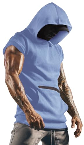 Lomon Herren Kapuzenpullover Tank Top Ärmelloser Sommer Sport Fitness Hoodie Muskelshirt für Gym Training Workout Bodybuilding Unterhemden Hellblau M