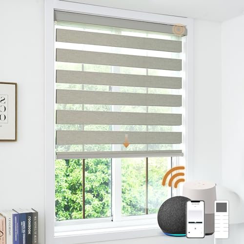 JOYENG Motorized Zebra Blinds Compatible with Alexa, Smart Dual Layer Shades with Privacy Light Control, Electric Horizontal Window Blind Customized Size for Home Office (Warm Grey)