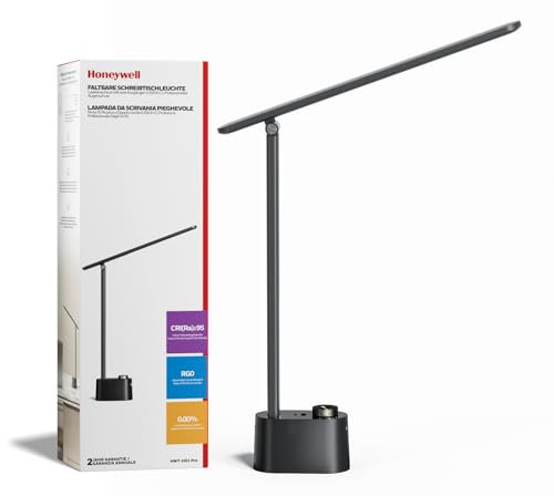HONEYWELL Upgraded LED-Schreibtischlampe - H01 Pro Sunturalux™ klappbare Schreibtischlampe mit USB A+C Ladeanschluss, 3 Farbmodi dimmbare Tischlampe für Zuhause Büro Lesen (Schwarz)