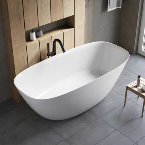 Dolvhin® Badewanne freistehend aus Mineralguss Malé | Freistehende Standbadewanne mit Überlauf | Freistehende Wanne inkl. Syphon & Click-Clack Ablaufgarnitur | Weiß glänzend 170 x 82 x 60 cm